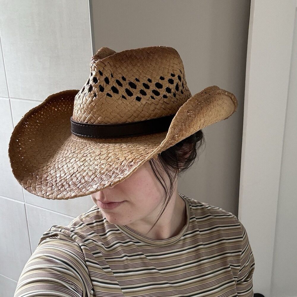 Peter Grimm Cowboy Hat Woven Straw Paper One Size Open Weave Tea Stain Tan Brown - Picture 11 of 11